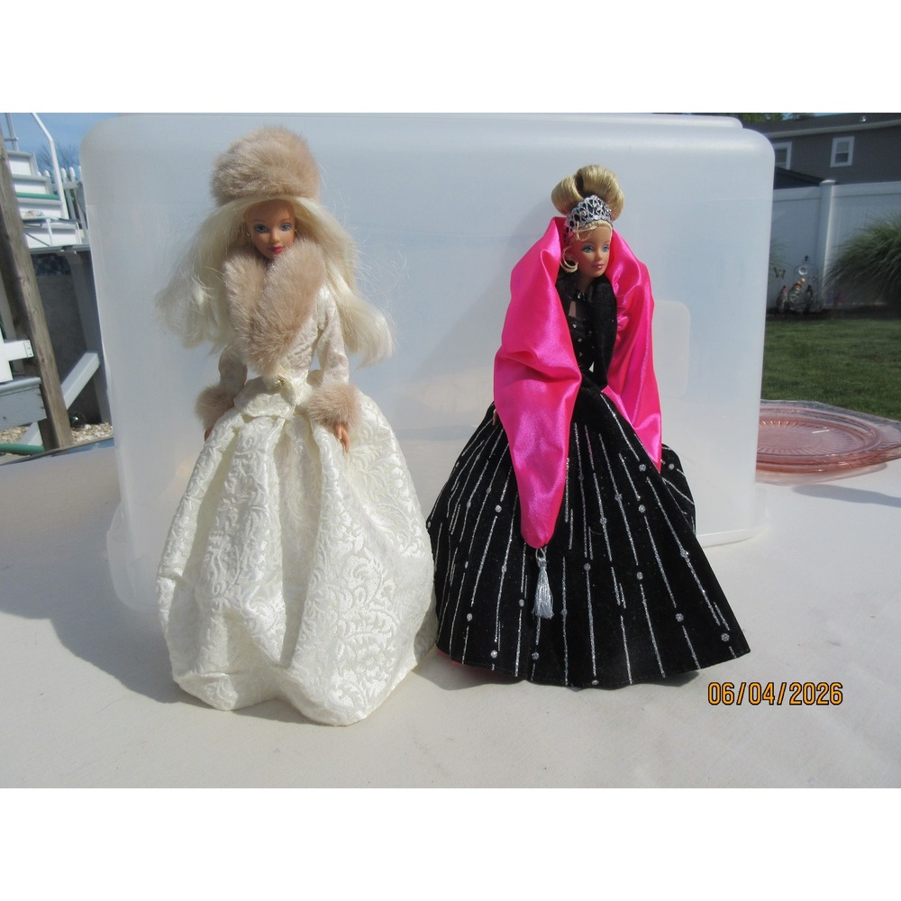 2 Vintage Barbie Doll Lot Winter Velvet White Brocade & Black Pink Holiday Gowns